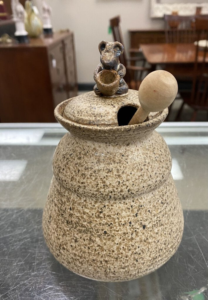 Pottery Honey Pot w/Bear Finial