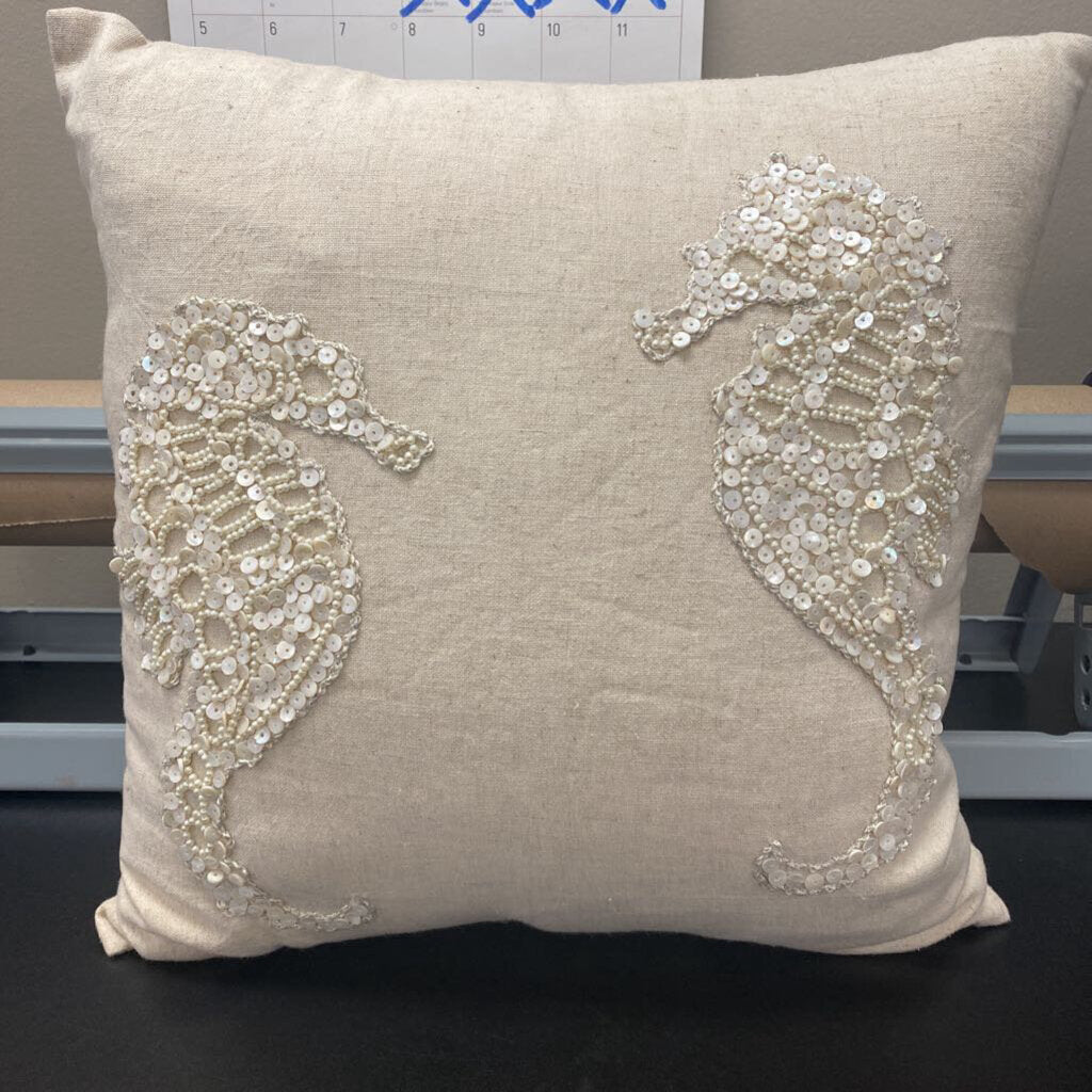 Linen/Pearl Bead Seahorse Pillow