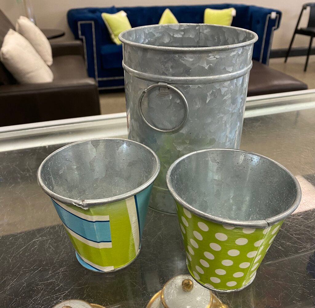3x Galvanized Flower Pots