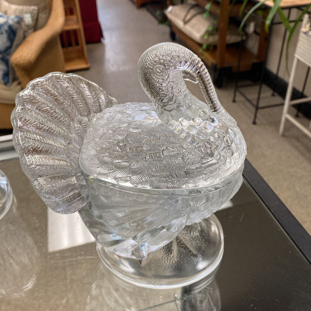 L.E. Smith Crystal Lustre Turkey Figural Art Glass Candy / Gravy / Cranberry Dish w/ Original Lid