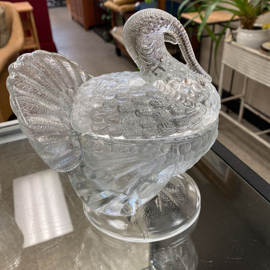 L.E. Smith Crystal Lustre Turkey Figural Art Glass Candy / Gravy / Cranberry Dish w/ Original Lid