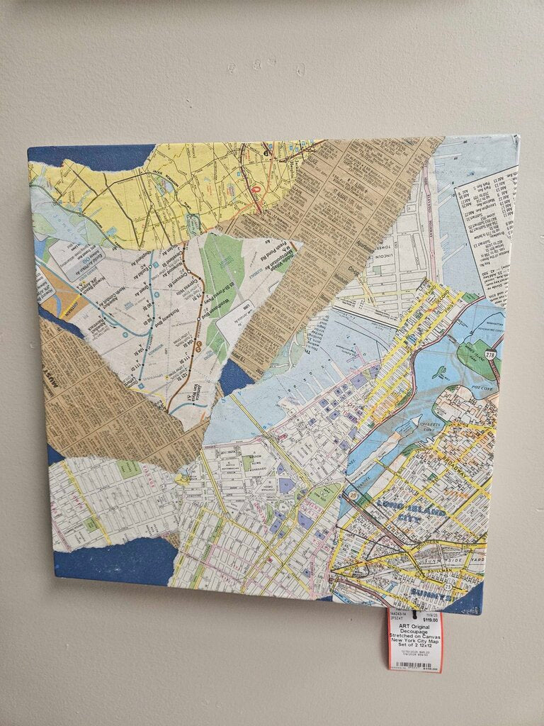 Original Decoupage Stretched on Canvas New York City Map Set of 2