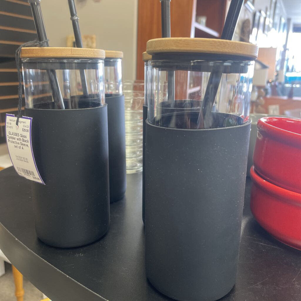 Glass Tumbler with Black Protective Sleeve, set of 4