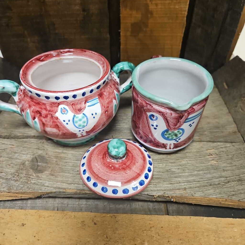 V. Pinto Vietri Italian Hand Painted Sugar Bowl & Creamer