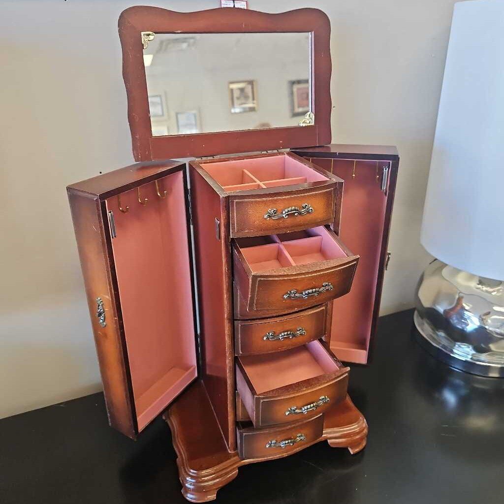 Vintage Wooden 6 Drawer Jewelry Armoire Chest