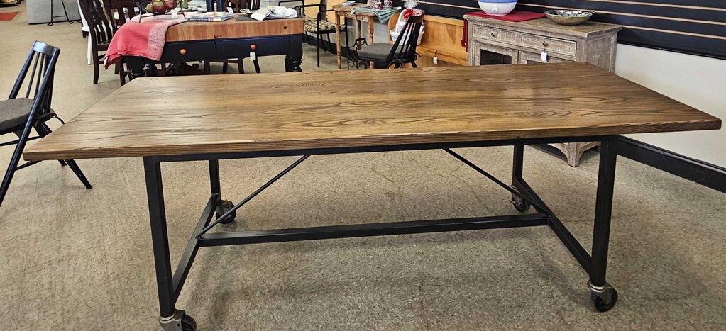 Rustic Wood Dining Table with Metal Frame and Locking Wheels