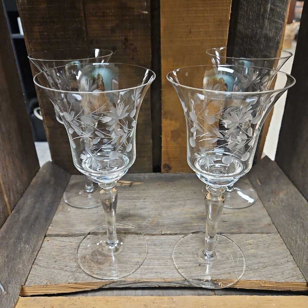 Vintage Hand Etched Colony Crystal Wine Glasses - Set of 4