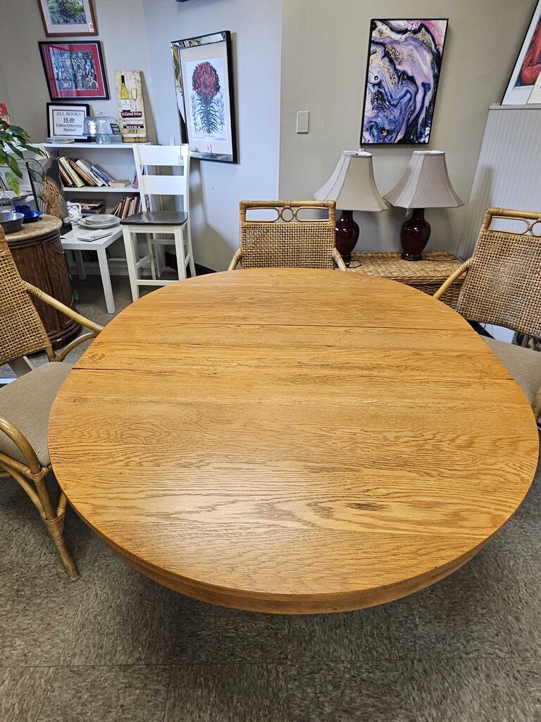 "The Perfection" Oak Dining Table & 4 Rattan Chairs by A.J. Johnson & Sons Furniture