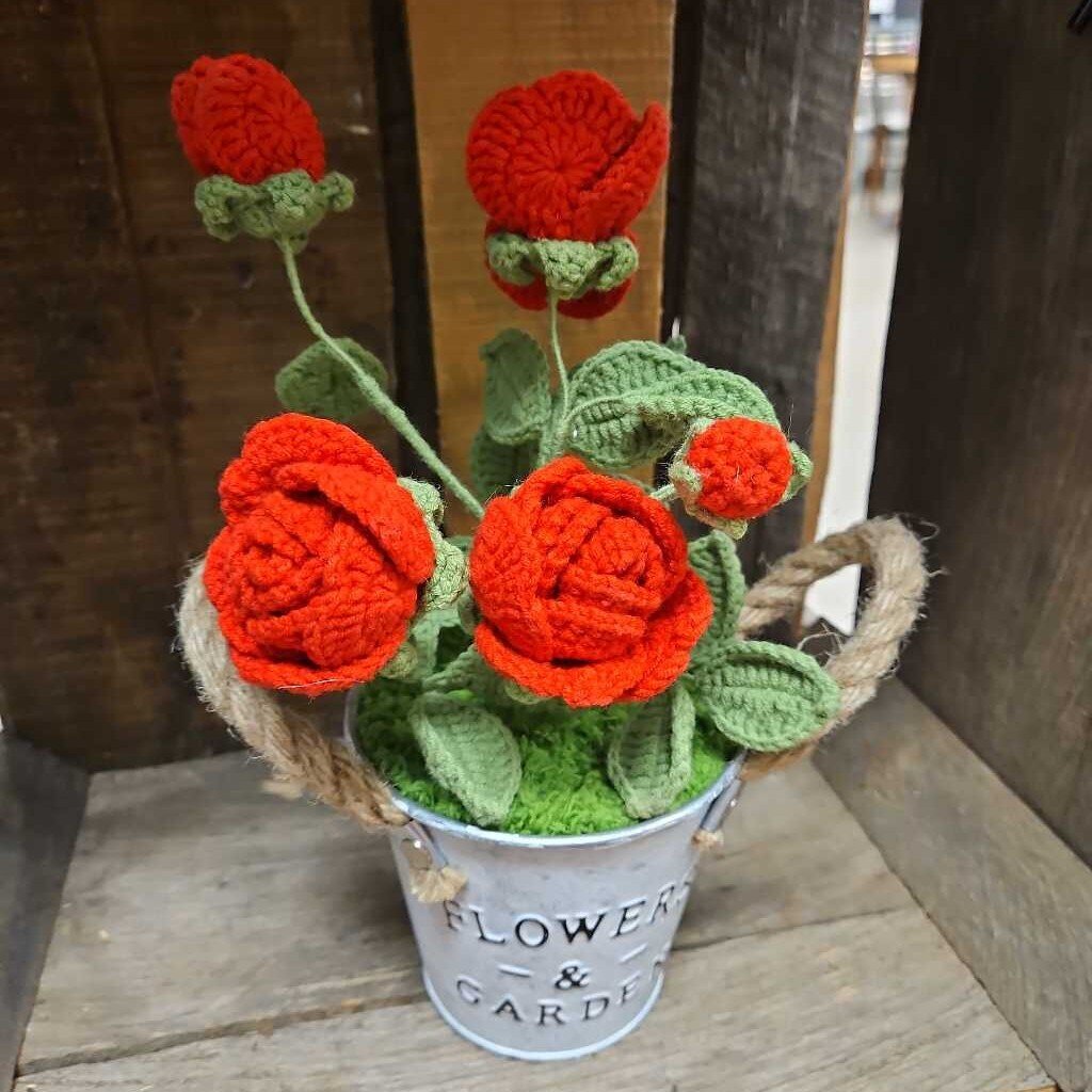 Crocheted Roses in Metal Pot