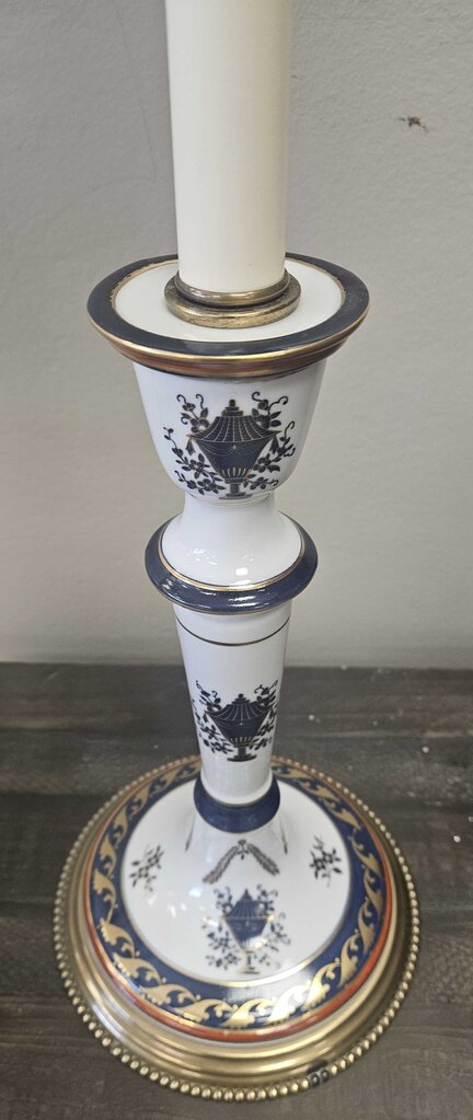 Vintage Frederick Cooper Porcelain and Brass Candlestick Lamp with Striped Paper Shade
