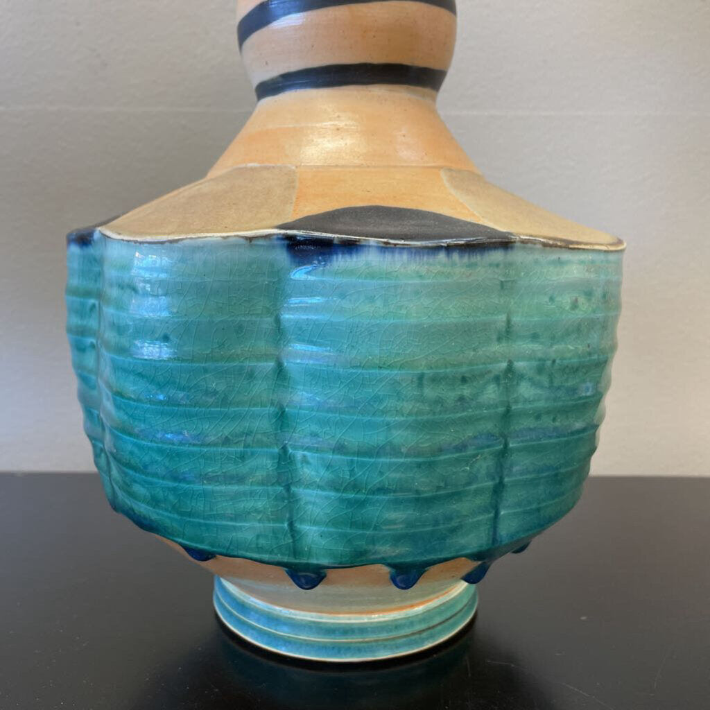 Vintage Ceramic Vase with Green and Beige Stripes