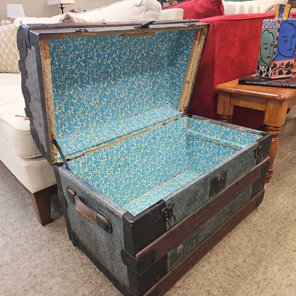 Antique Dome Top Wood Steamer Trunk with Embossed Tin