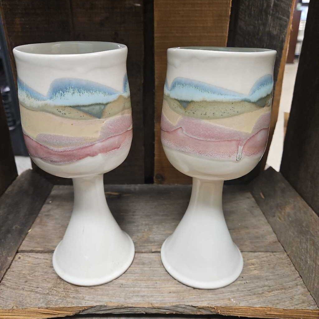 Handmade Ceramic Wine Goblet with Landscape Design - Set of 2