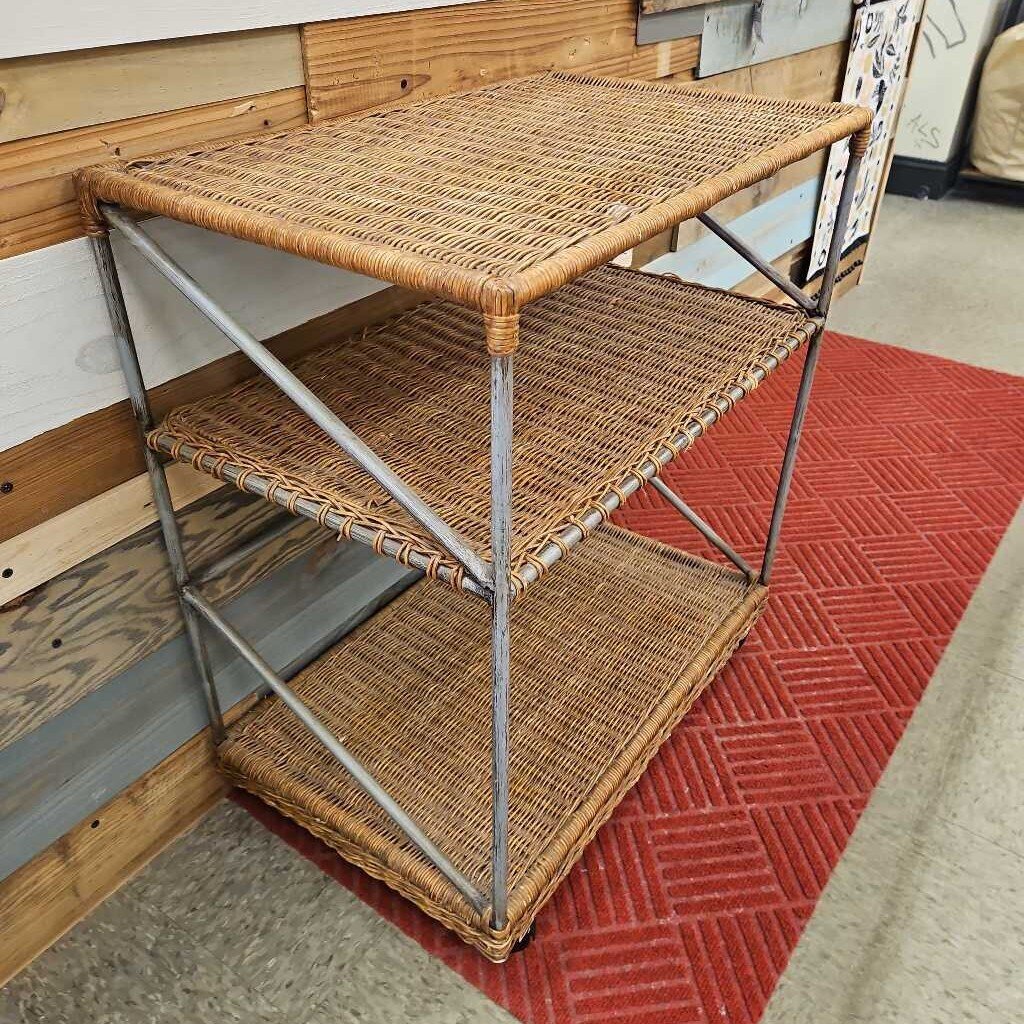 Vintage Rattan and Metal Rolling Cart
