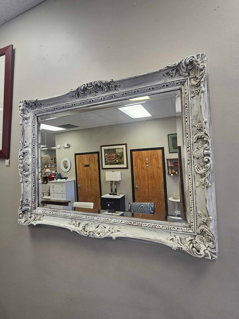 Ornate Beveled Glass Wall Mirror with Distressed White Finish