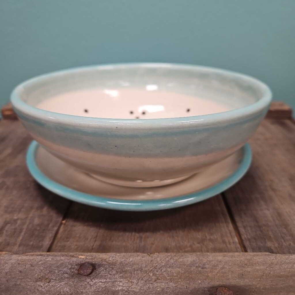 Handmade Ceramic Berry Bowl with Blue Glaze & Saucer