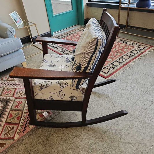 Mission Style Oak Slatted Rocker with Custom Bird Motif Cushions