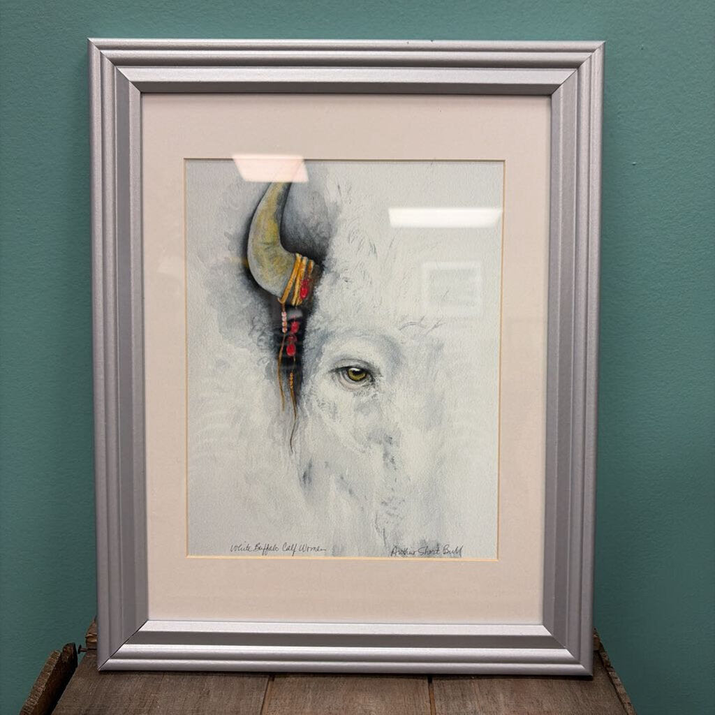 "White Buffalo Calf Woman" Watercolor, Signed, Framed by Arthur Short Bull