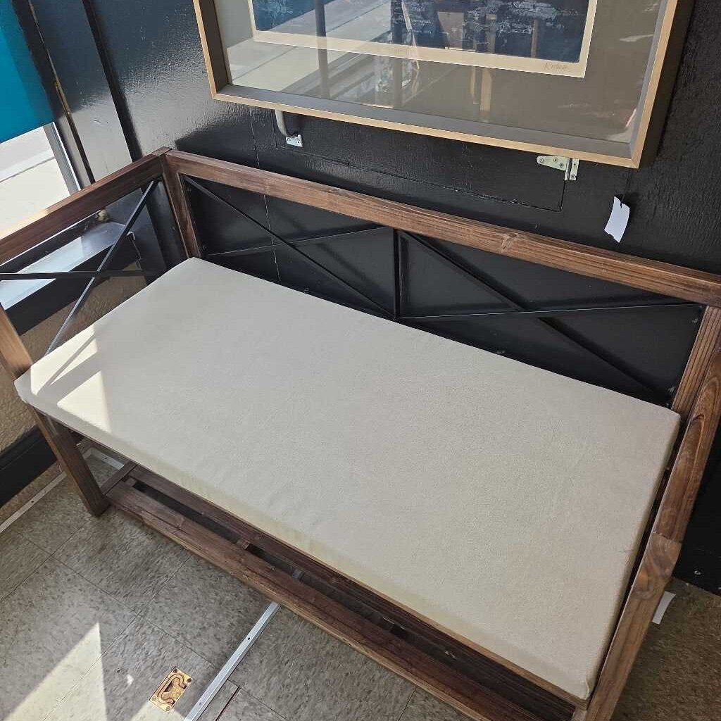 Meredith Fir Wood Metal Bench with Oatmeal Linen Cushion