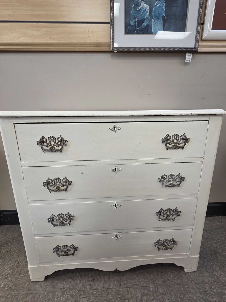 Vintage Painted Wood Chest of Drawer with Ornate Pulls