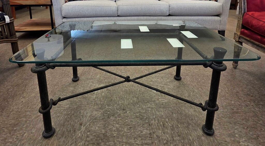 Vintage Diego Giacometti Style Wrought Iron Glass Top Coffee Table