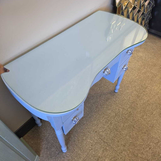 Refinished Solid Wood Kidney Shaped Desk with Ceramic Knobs and Glass Top