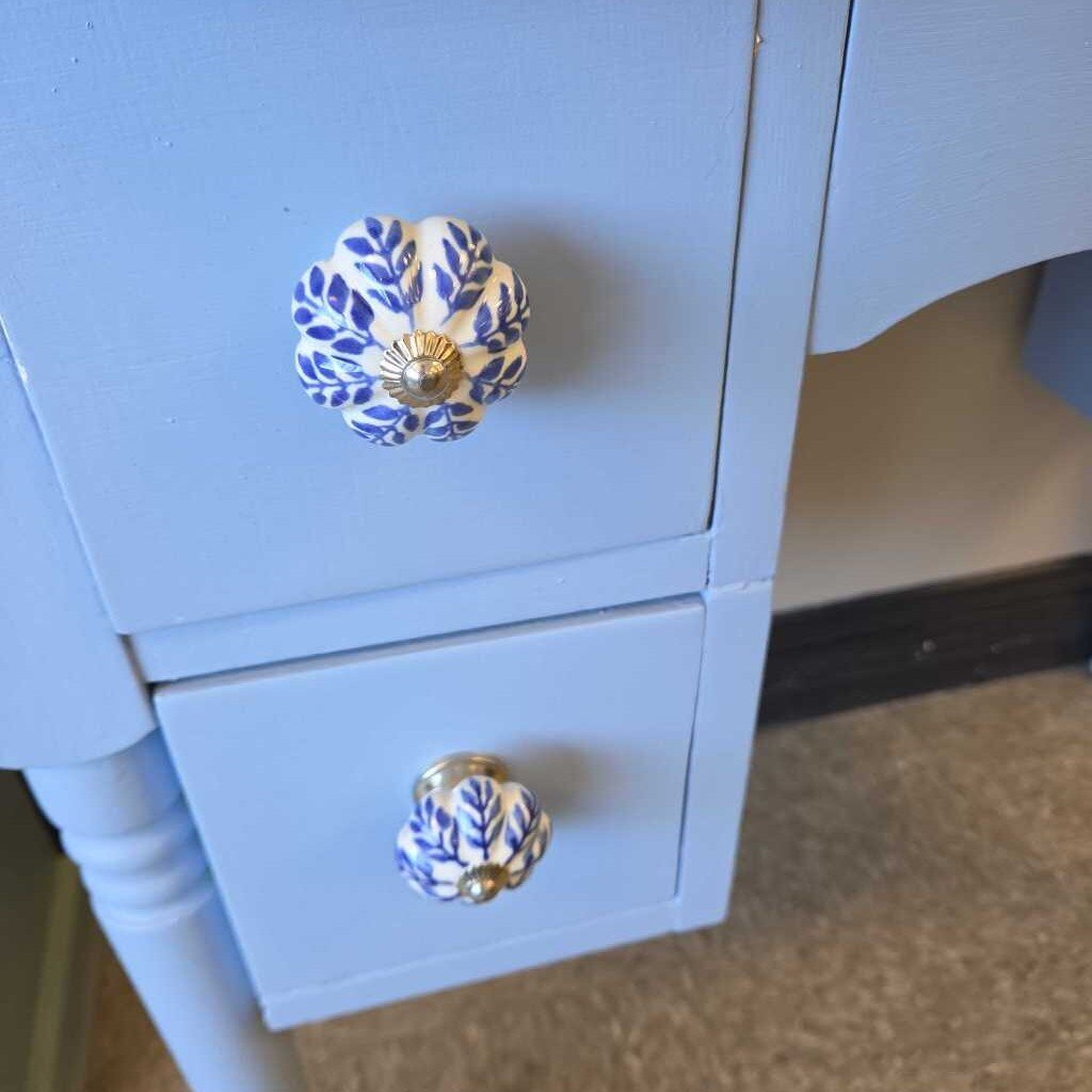 Refinished Solid Wood Kidney Shaped Desk with Ceramic Knobs and Glass Top