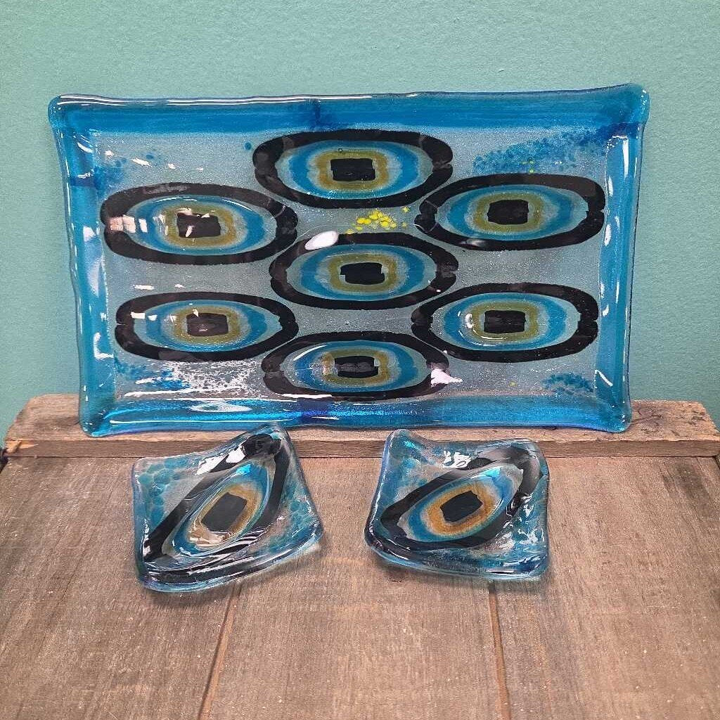 Hand Painted Glass Serving Platter and Condiment Dishes