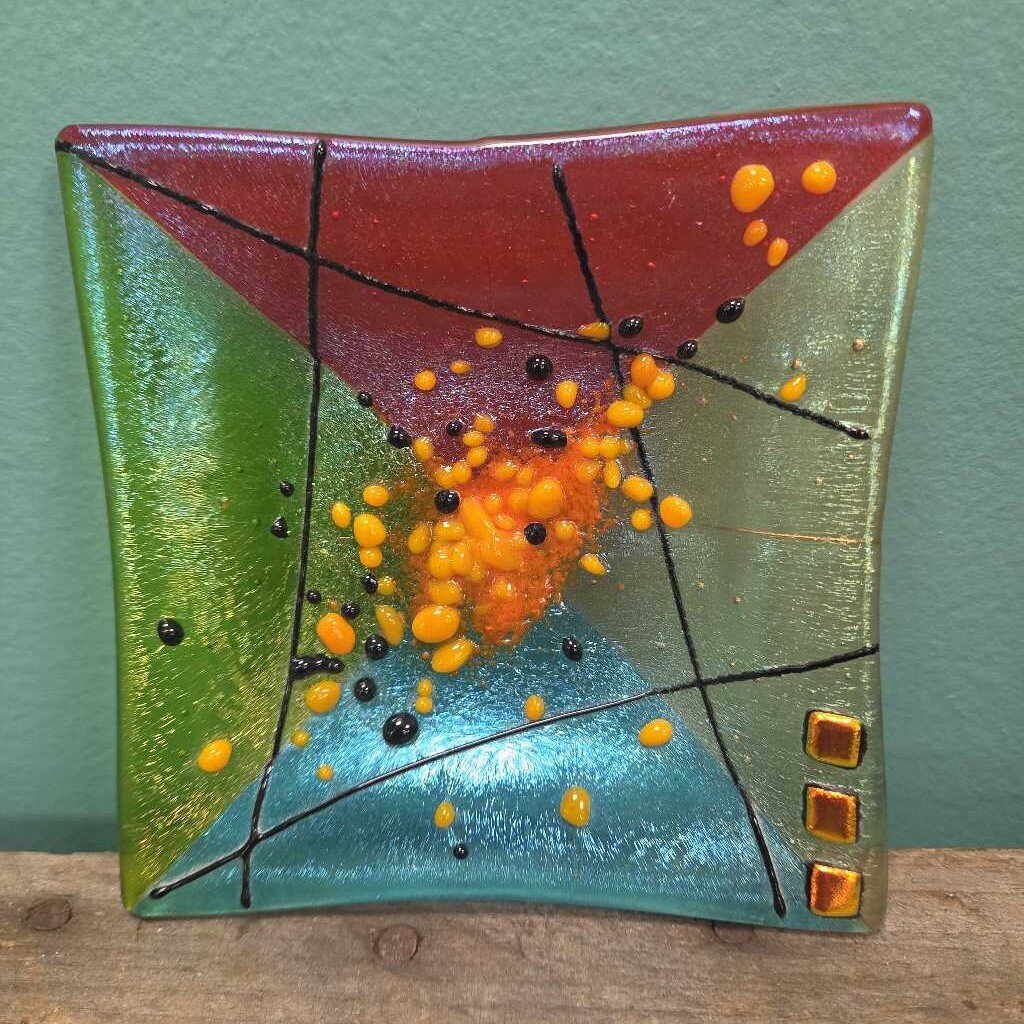 Abstract Fused Glass Dish with Iridescent Colors and Raised Decorations