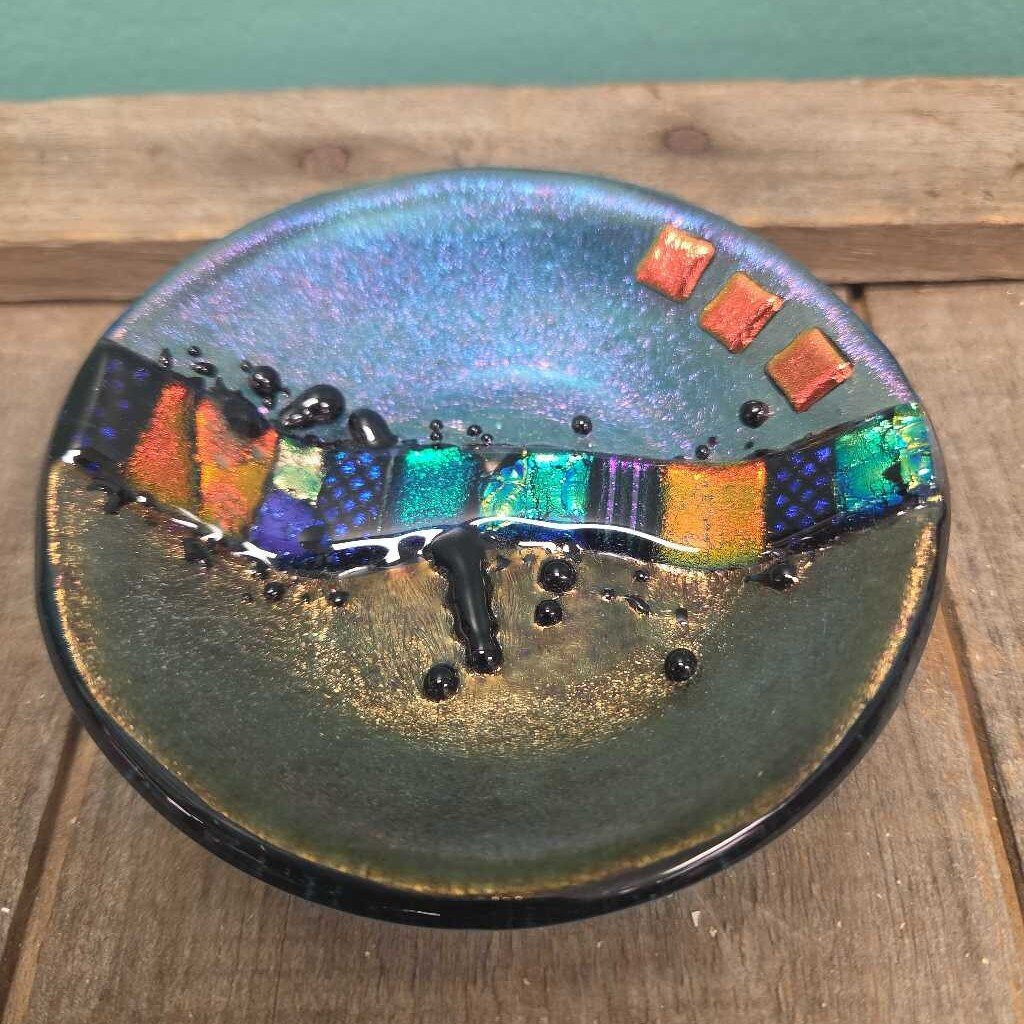 Abstract Fused Glass Dish with Iridescent Colors and Raised Decorations