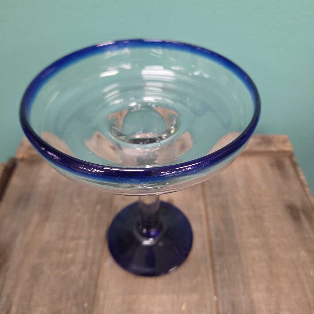 Hand Blown Margarita Glass with Blue Rim and Foot - Set of 4
