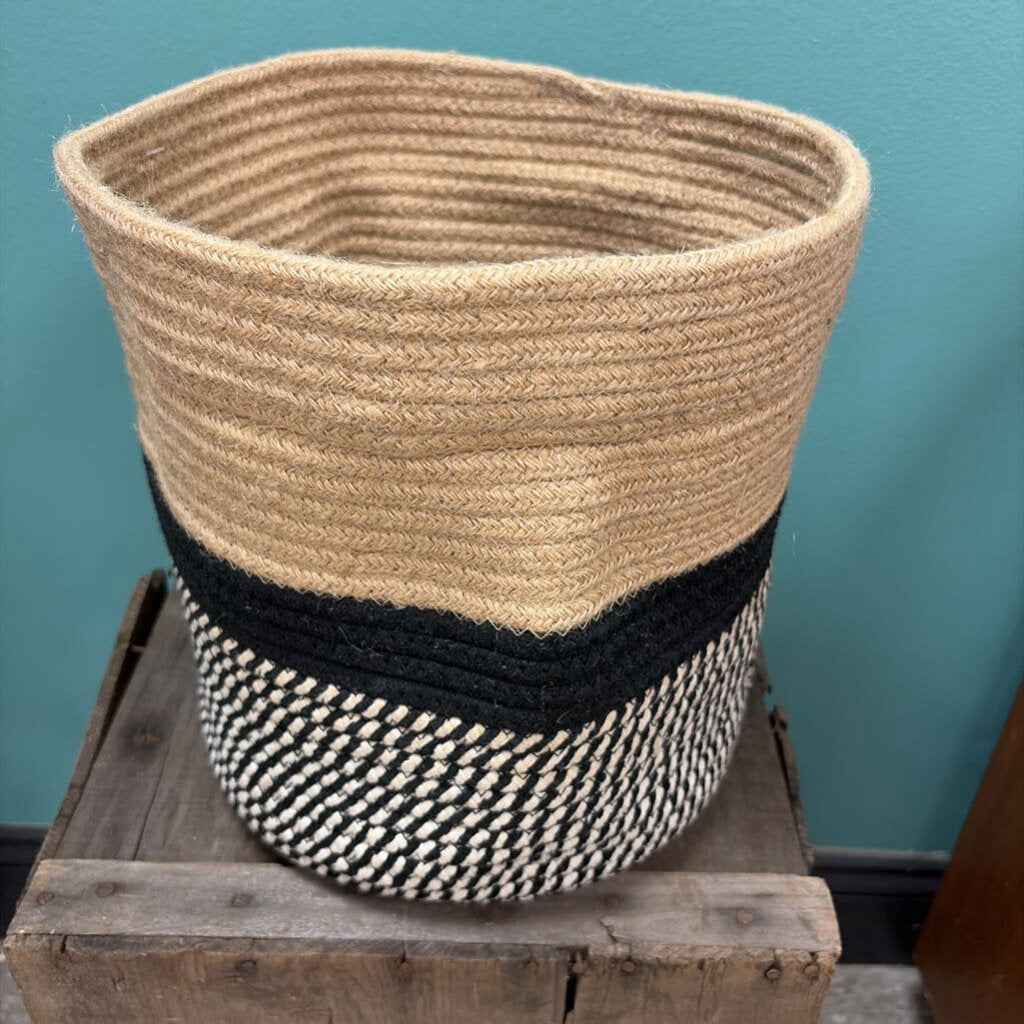 Woven Storage Basket with Black and Natural Stripes