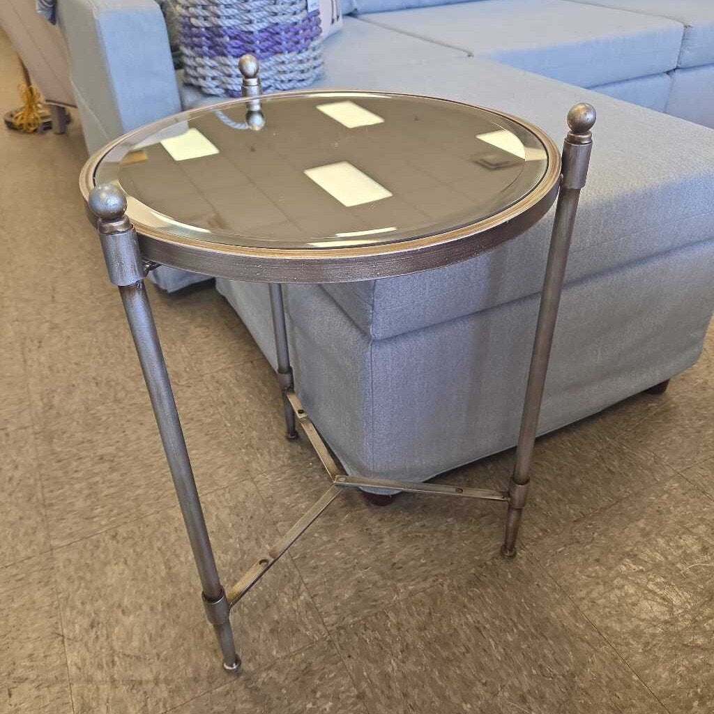 Mid-Century Modern Round Mirror Top Table w/Metal Frame