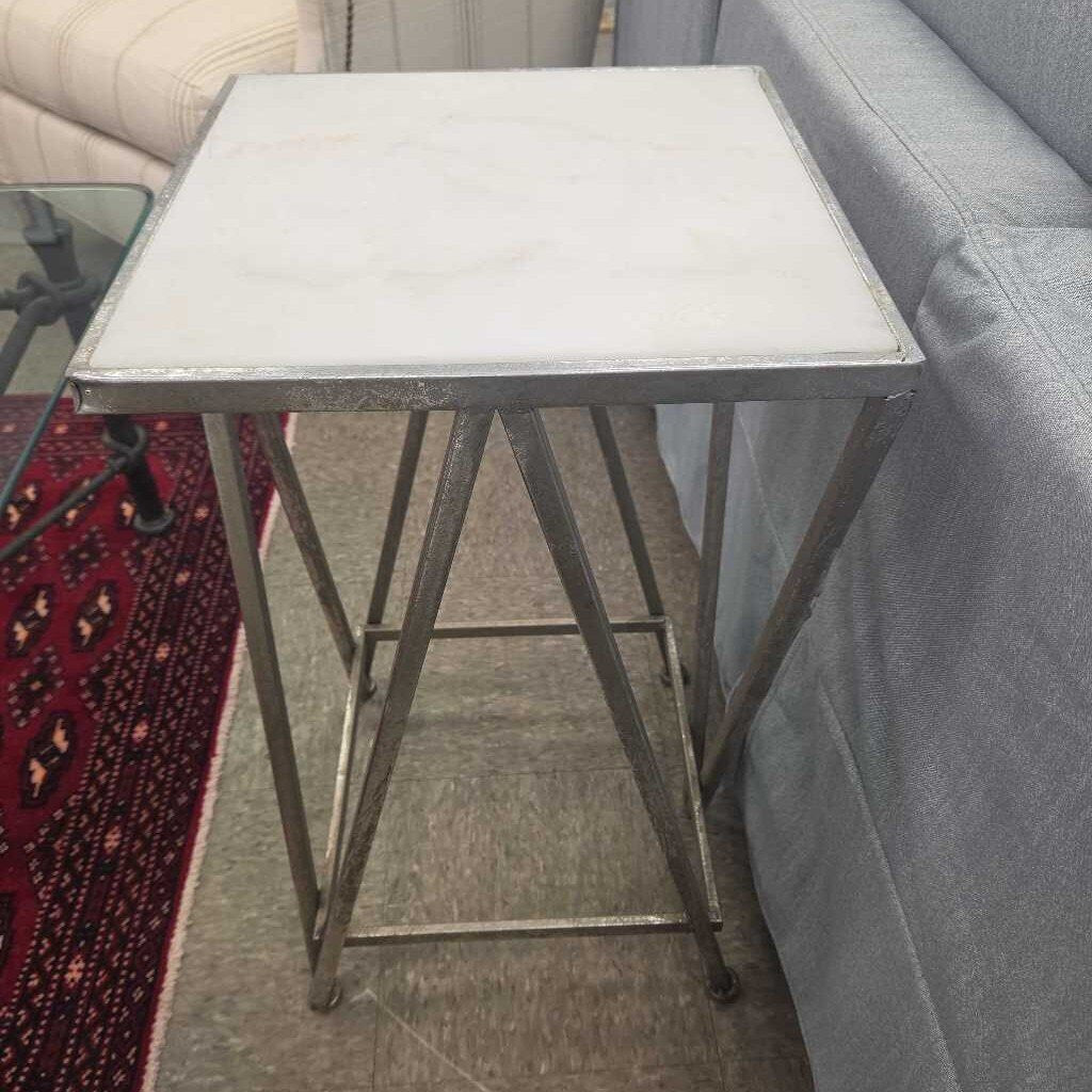 White Marble Top Accent Table with Silver Toned Metal Frame