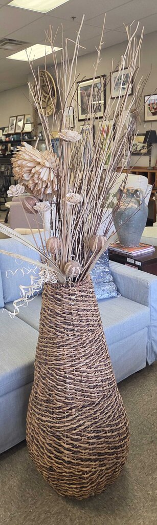 Tall Woven Faux Seagrass Floor Vase with Dried Floral Arrangement