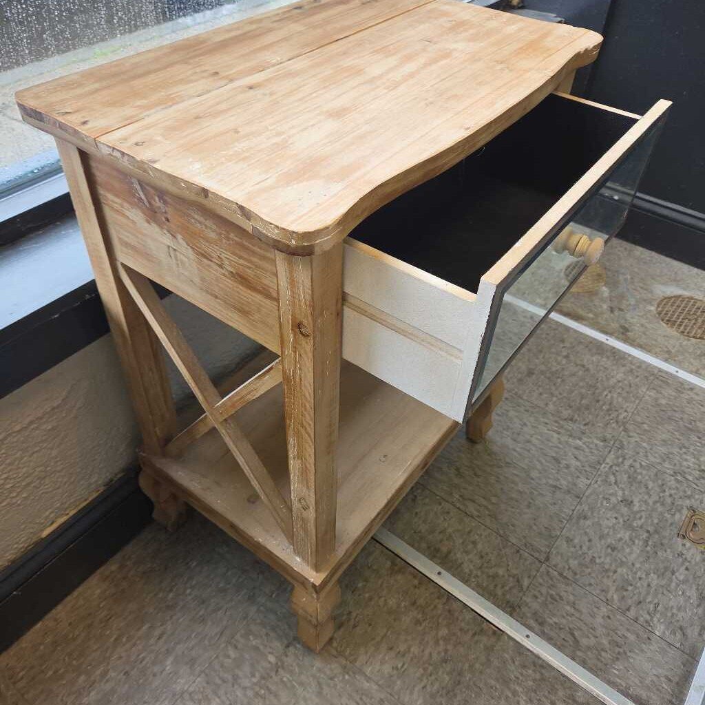 Natural Wood Nightstand with Mirrored Drawer and Shelf