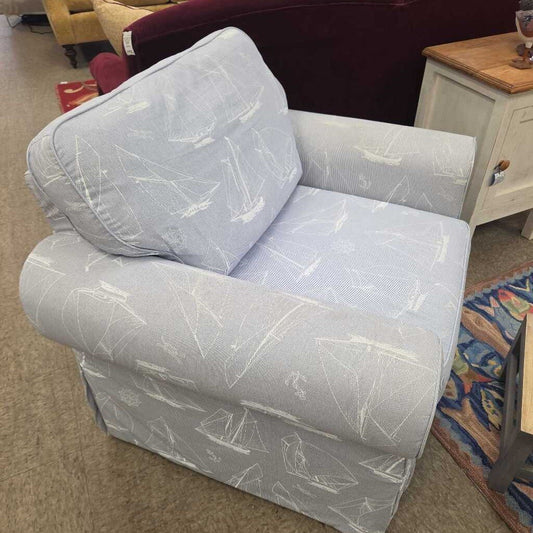 Upholstered Armchair with Blue Stripe and Sailboat Pattern
