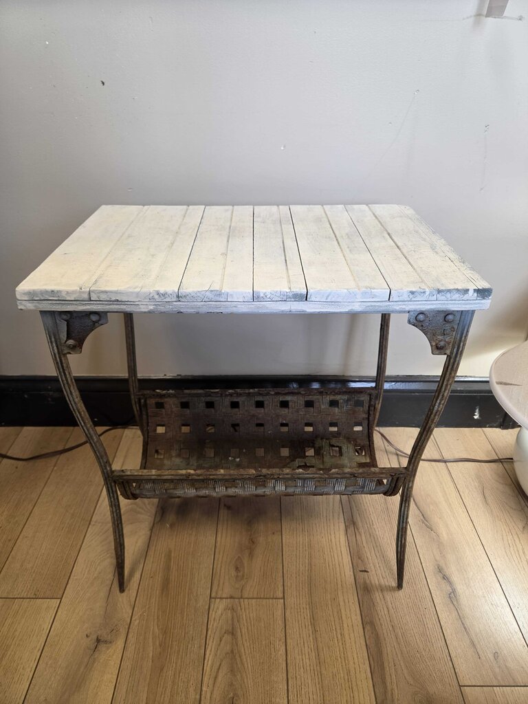 Distressed Wood Top End Table with Iron Magazine Rack