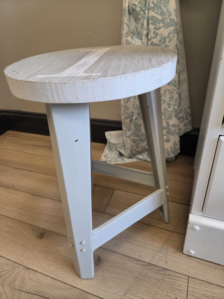 Wooden Stool with Metal Frame, Hand Painted "1" on Seat