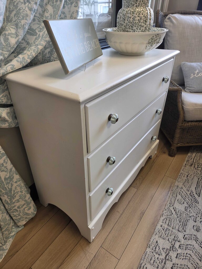 White Solid Wood 3-Drawer Dresser w/Blue Ceramic Knobs
