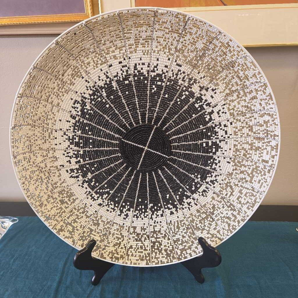 Beaded Decorative Platter with Radiating Black and White Design
