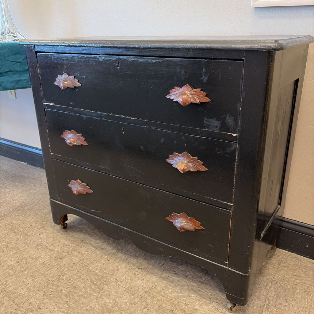 Vintage Black Rolling Dresser with Floral Handles