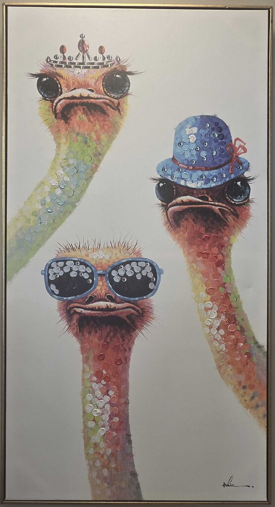 Modern Colorful Impressionist Ostrich Bird Oil on Canvas Print - Framed