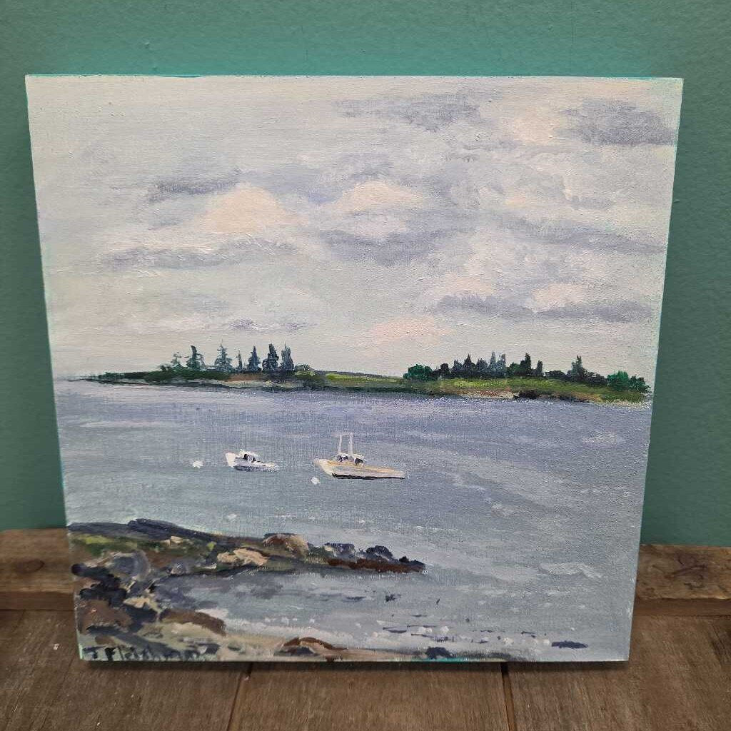 Maine Coastal Scene Oil in Wood by Jo-Ann Fleishman (Maine Artist)