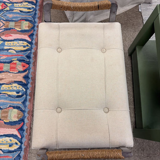 Cottage-Style Tufted Upholstered Bench with Rope Wrapped Metal Frame