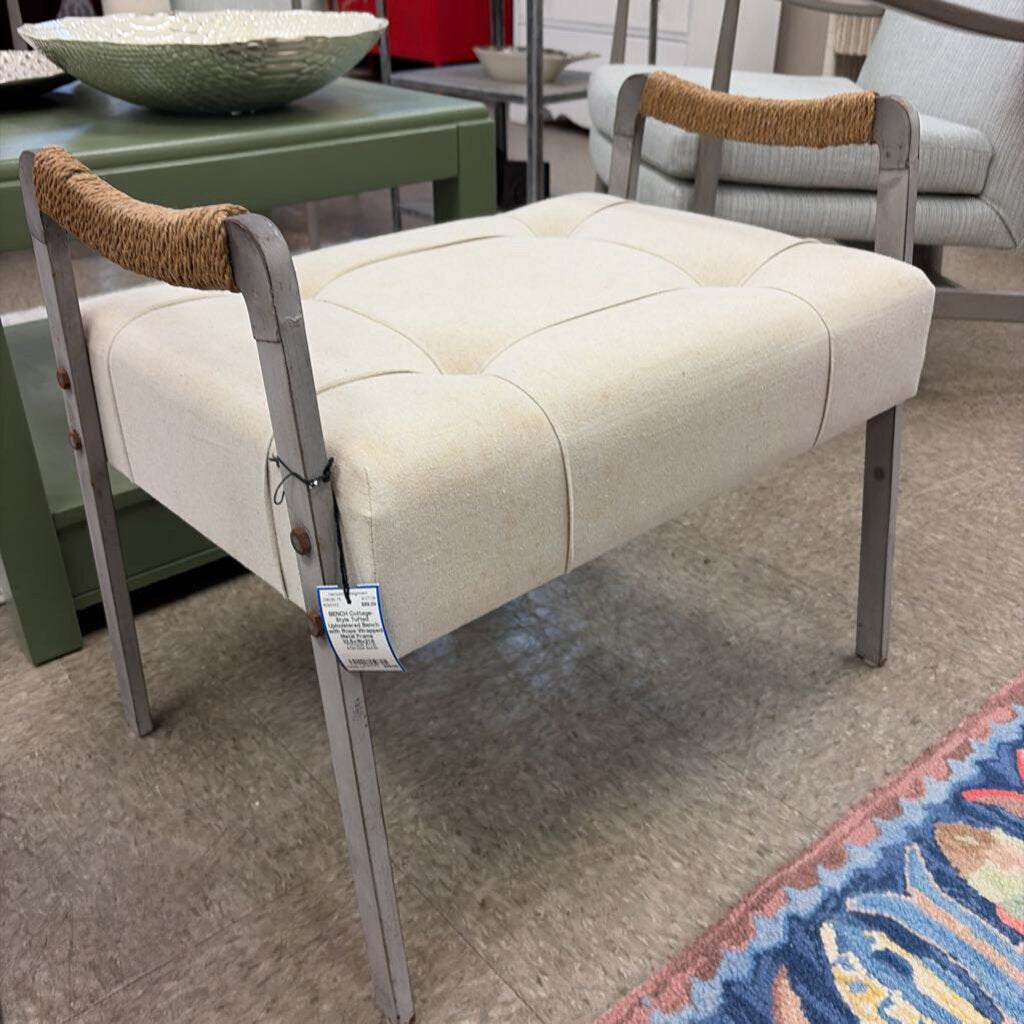 Cottage-Style Tufted Upholstered Bench with Rope Wrapped Metal Frame