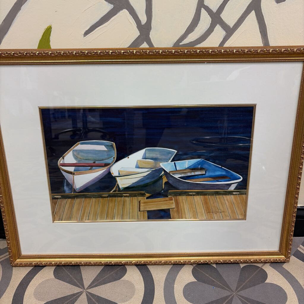 "Three Boats" Framed Watercolor Print by Harry Thompson III (Maine Artist)