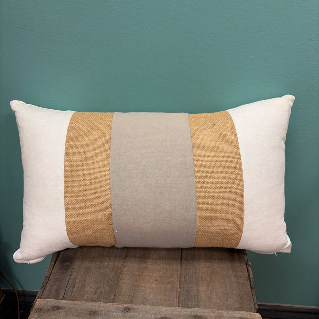 Ballard Decorative Lumbar Pillow with Burlap and Grey Stripe, Down-Filled