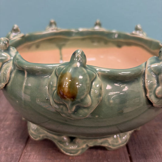 Vintage Green Ceramic Planter with Turtle Accents