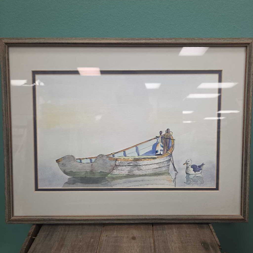 Rowboat and Gull - Original Watercolor - Matted and Framed